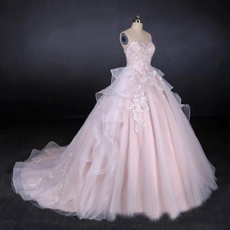 Ball Gown Strapless Sweetheart Wedding Dresses with Lace Applique, Tulle Prom Dresses SRS15070