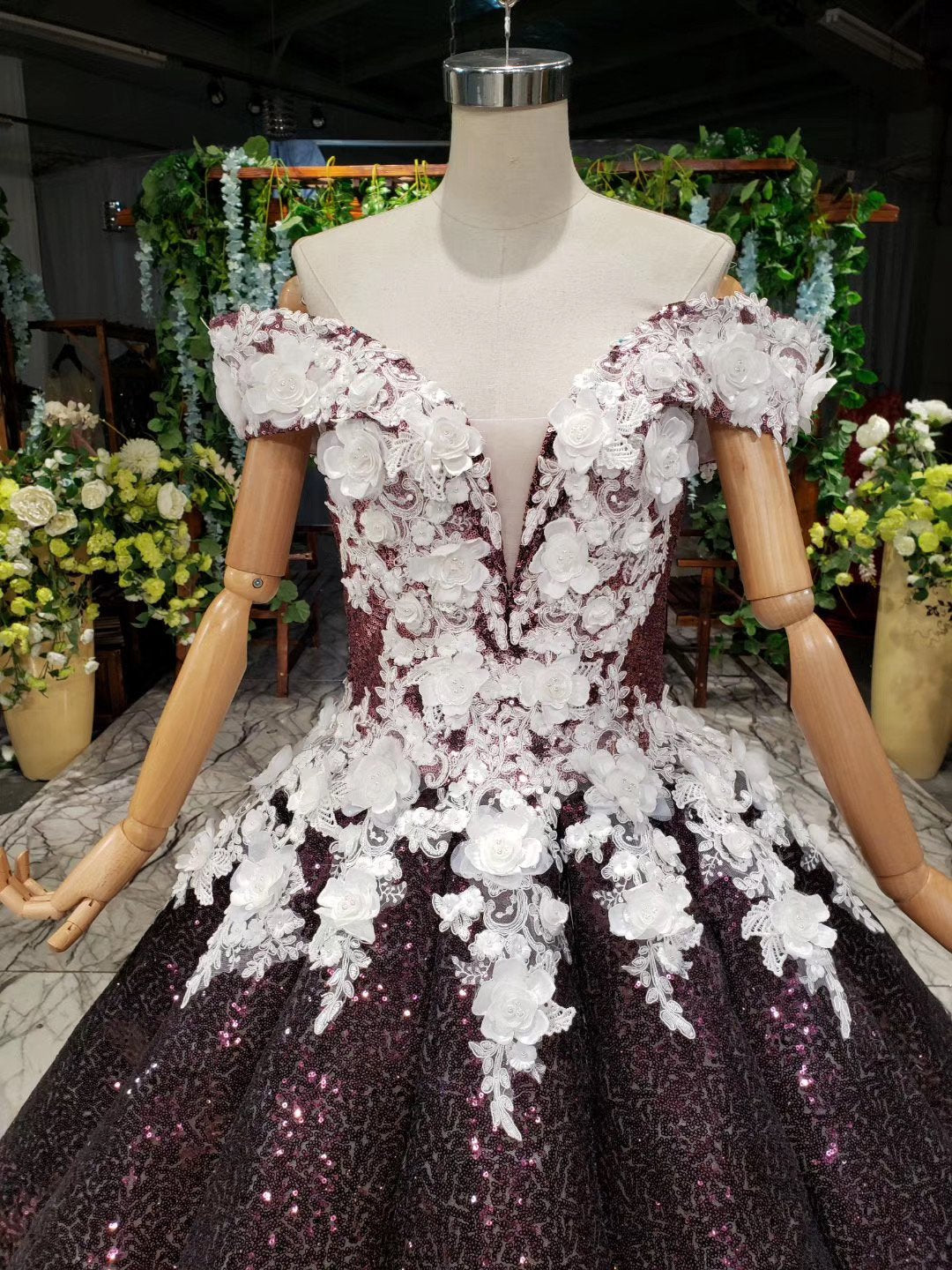 Ball Gown Off the Shoulder V Neck Satin Prom Dresses with Hand Made Flowers, Quinceanera Dress SRS15064