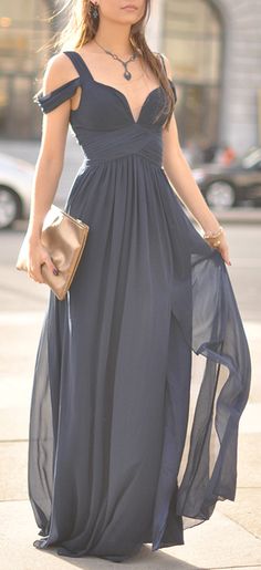 Navy Blue Off-The-Shoulder Long Chiffon Formal With Straps Sleeves Modest Bridesmaid Gown RS77