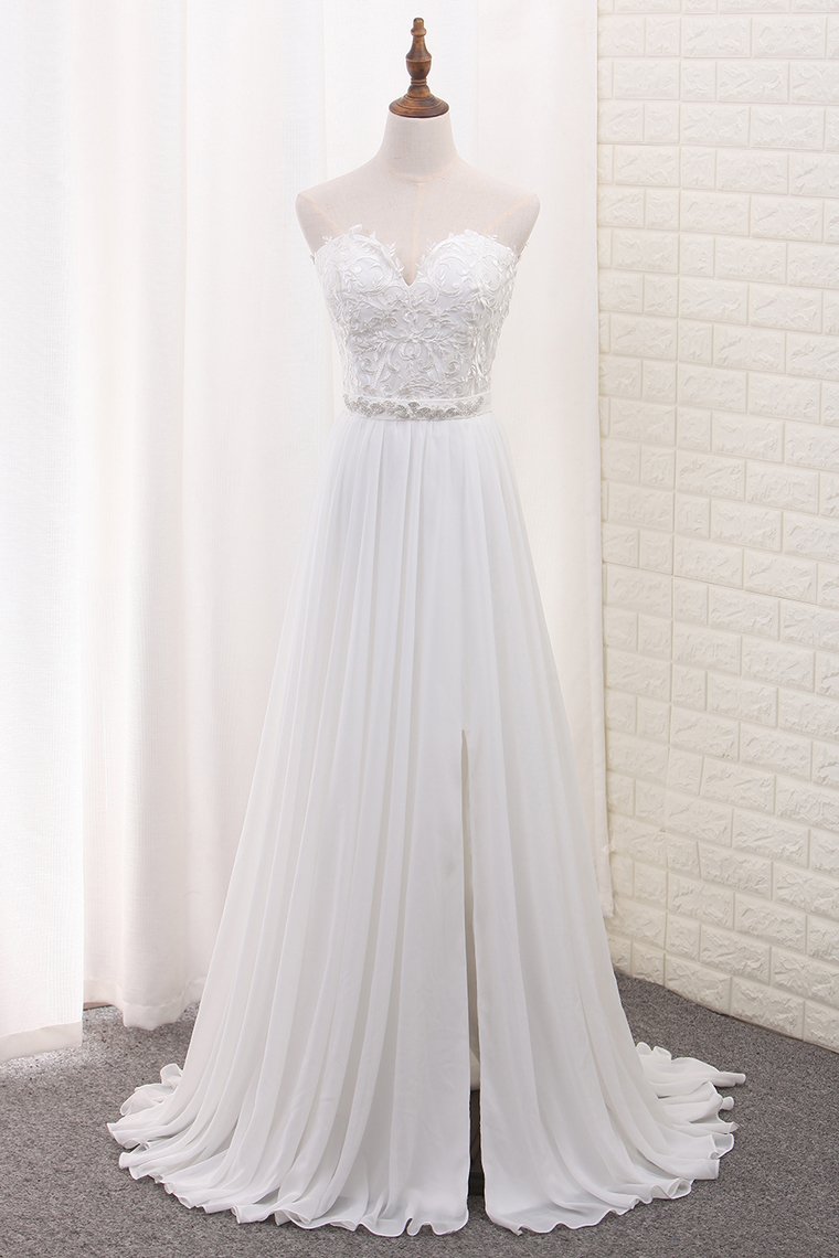 2024 A Line Chiffon Sweetheart Wedding Dresses With Applique And Slit