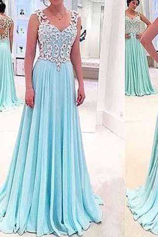 See Through Sexy Blue Sweetheart Sleeveless A-Line Chiffon Appliques Long Prom Dresses RS944