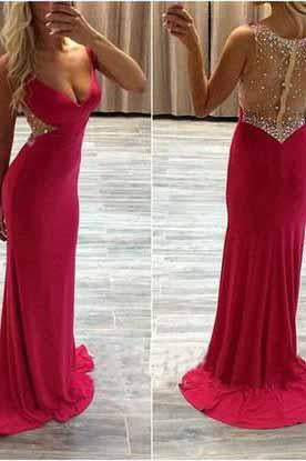 See Through Sexy Red Long Cheap V-Neck Beads Sleeveless Mermaid Prom Dresses RS953