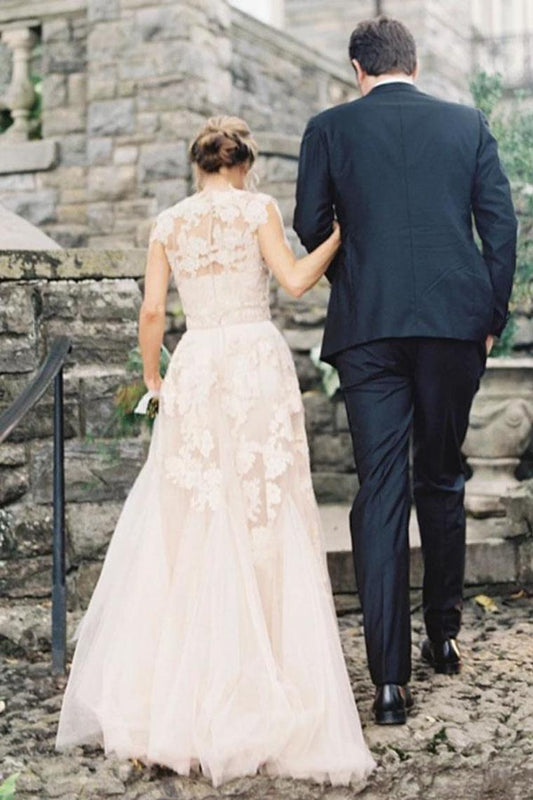 Elegant V-Neck Sleeveless Cap Sleeves Floor-Length Wedding Dress With SRSPRQZPNT7