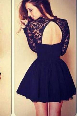 Sexy Ball Gown High Neck Long Sleeves Lace Backless Black Short Homecoming Dress RS994