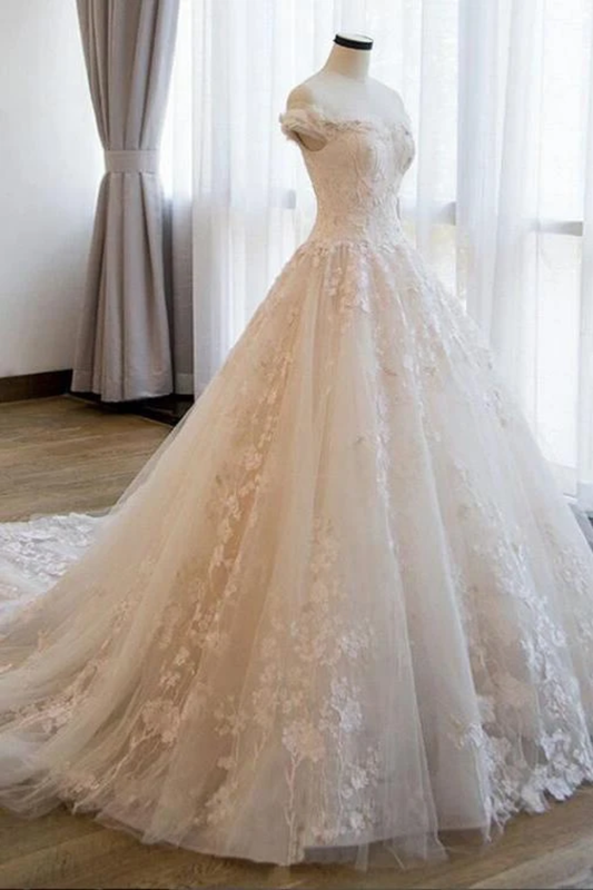Ball Gown Off The Shoulder Appliques Wedding Dresses Ivory Bridal SRSPAQ8752B