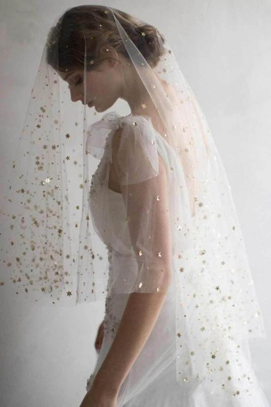 Elegant Short Sequins Tulle Wedding Veils with Stars SRS15580