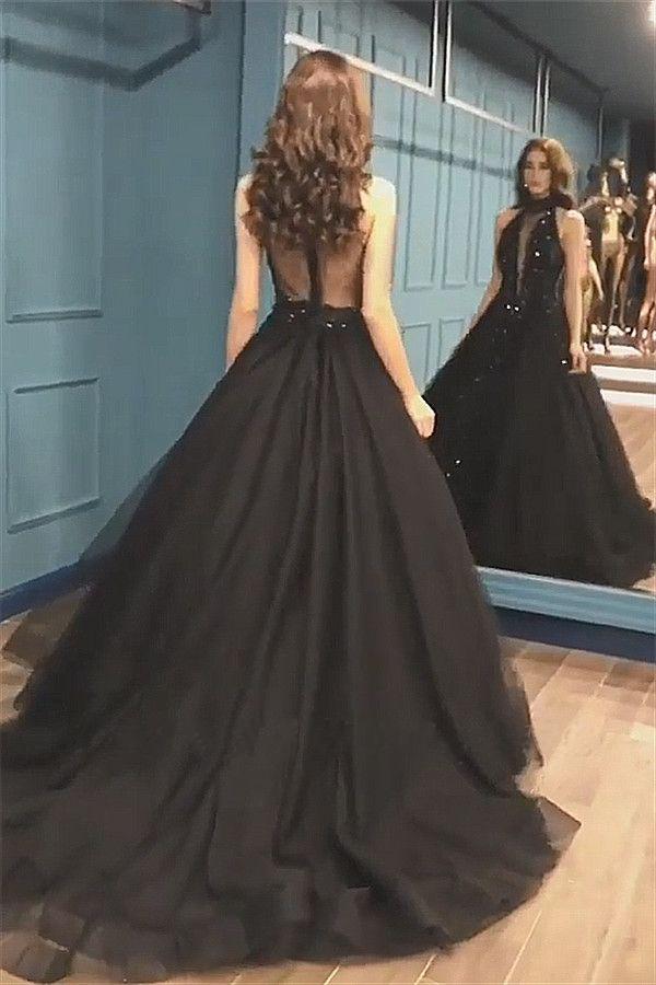 Sexy Ball Gown High Neck Black Tulle V Neck Sequins Party Dresses, Prom Dresses SRS15594