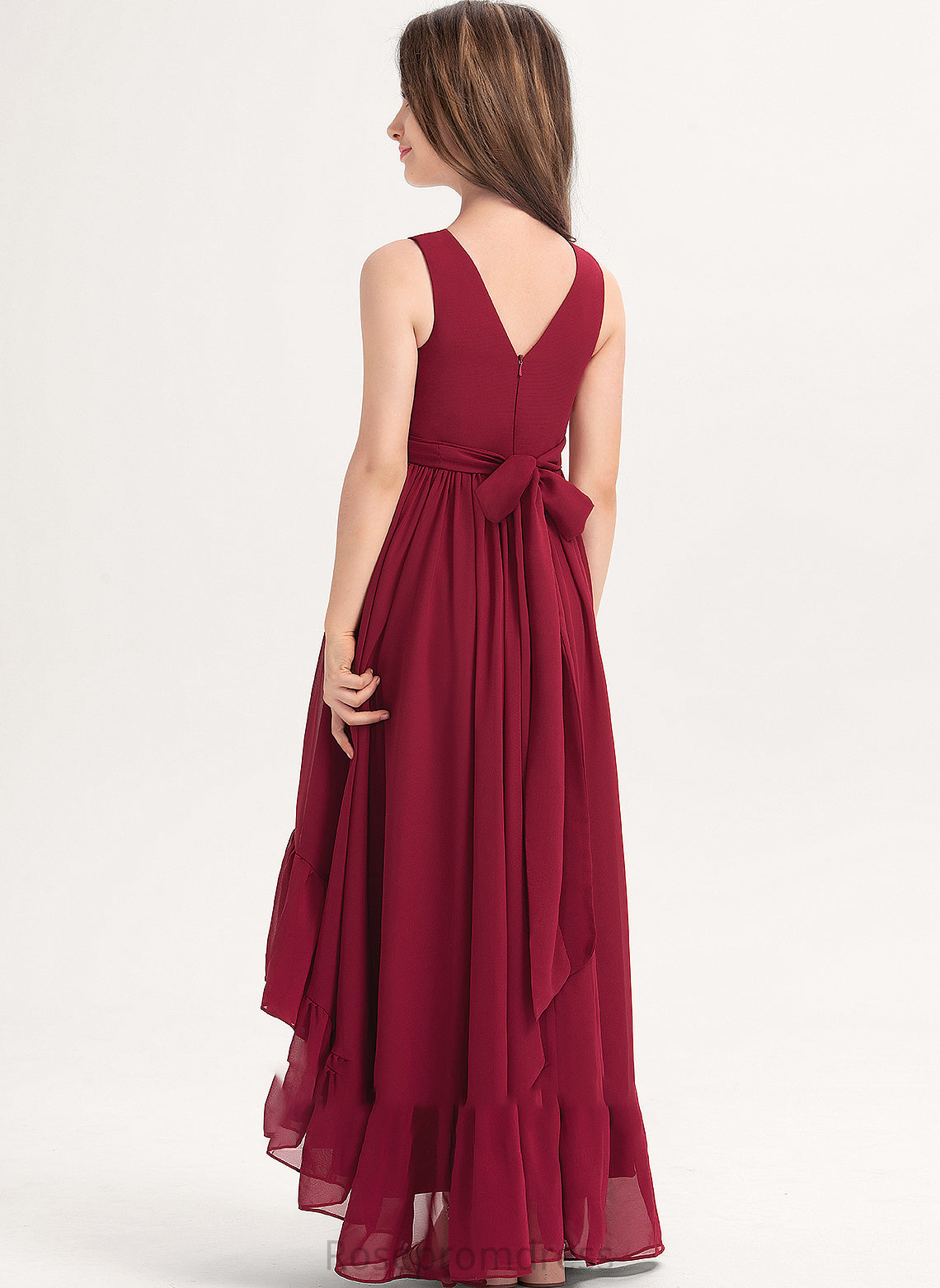 With Cascading V-neck Miah Chiffon A-Line Ruffles Bow(s) Asymmetrical Junior Bridesmaid Dresses
