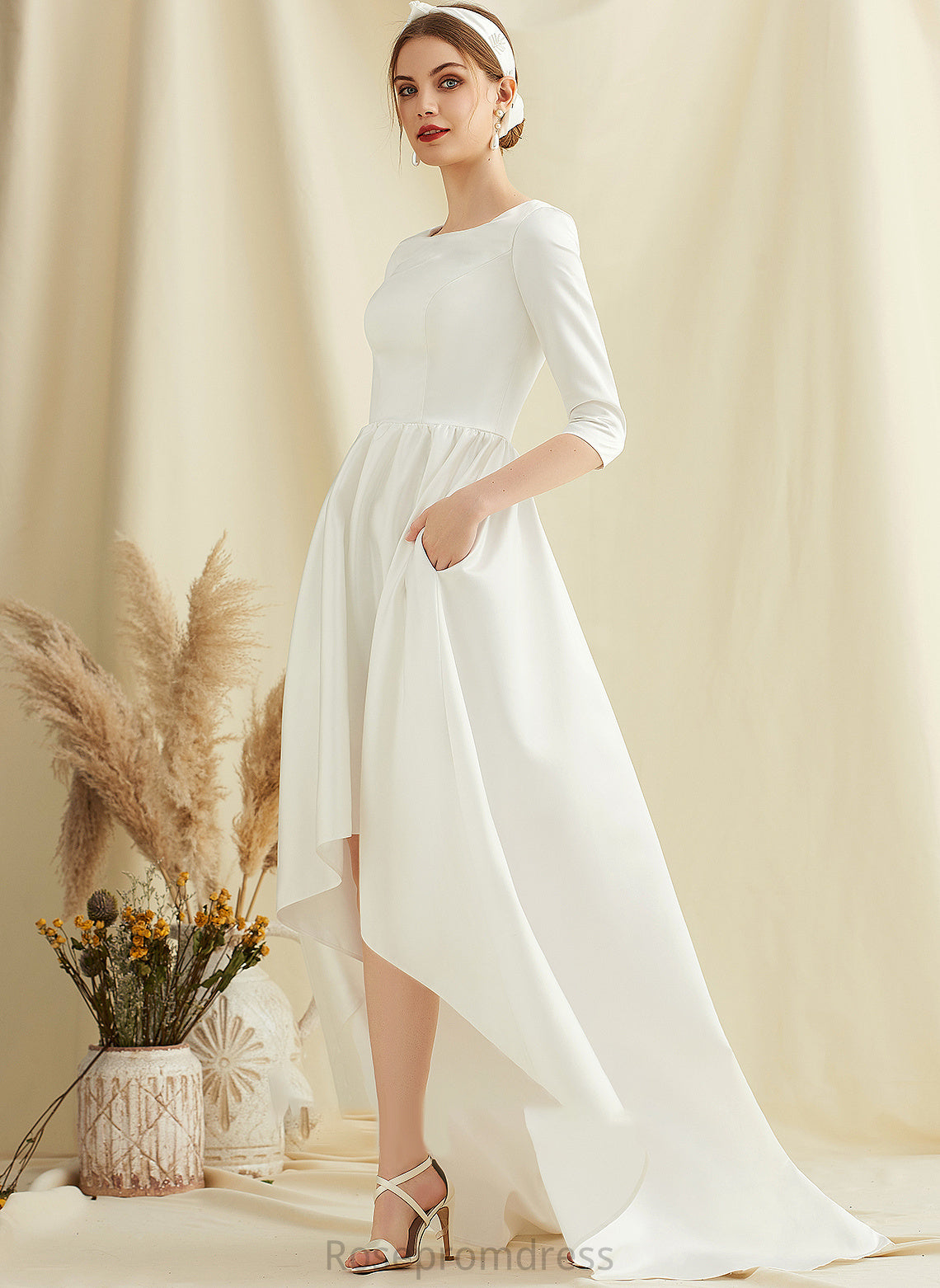 Satin Wedding Cara A-Line Pockets Dress With Wedding Dresses Asymmetrical Neck Scoop
