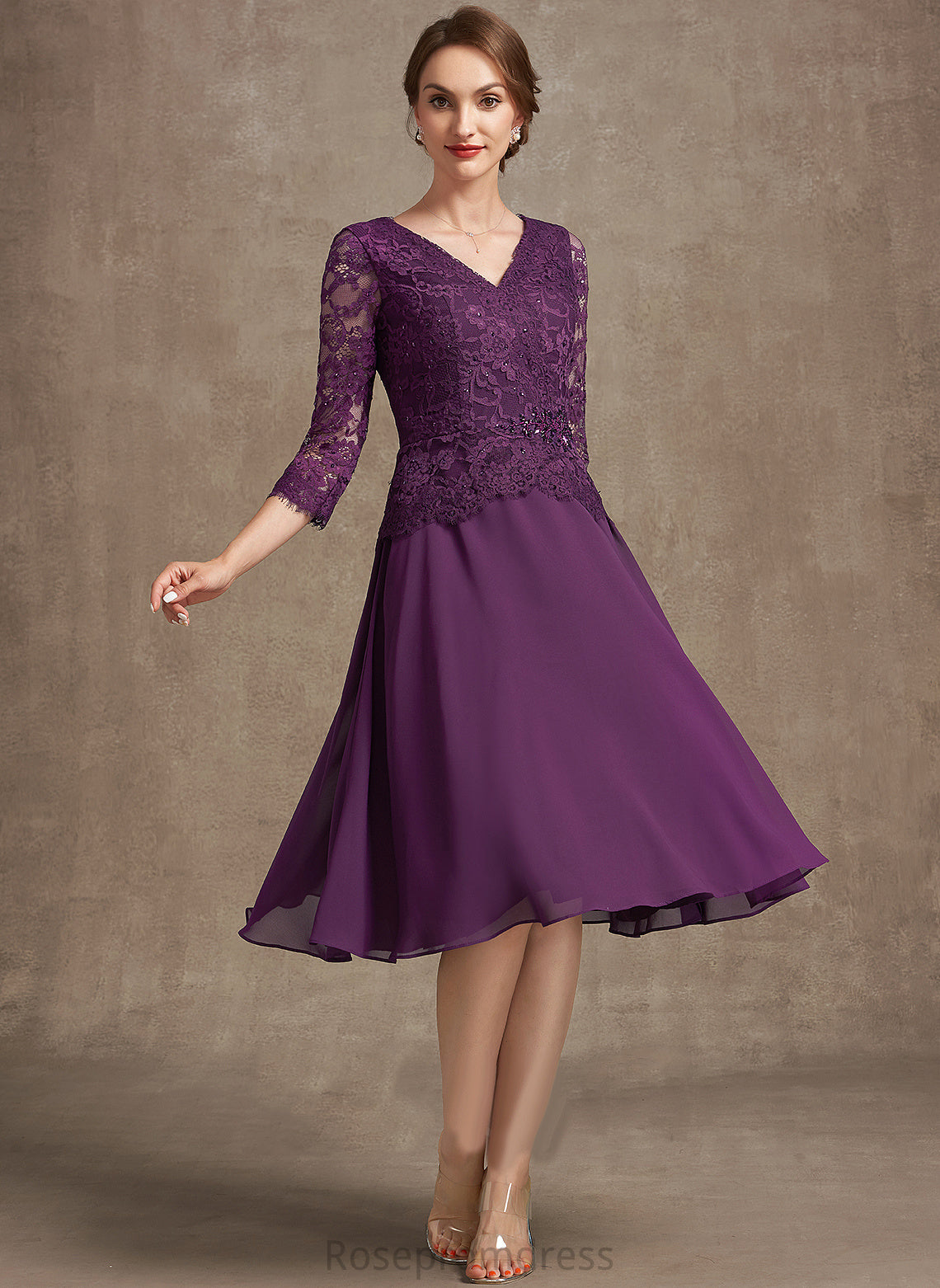 Dress of Mother of the Bride Dresses Beading With the Chiffon A-Line Sequins Bride Harper Lace Mother Knee-Length V-neck