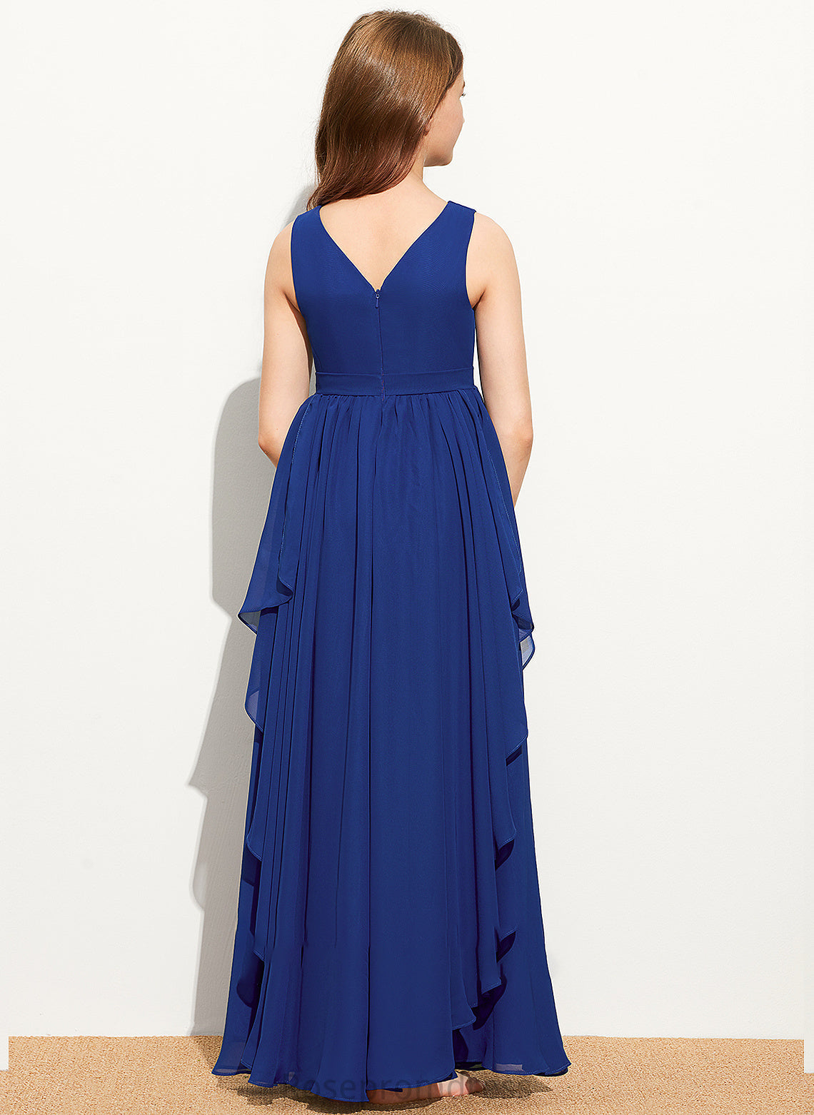 A-Line Cascading With Ruffles V-neck Martina Chiffon Junior Bridesmaid Dresses Floor-Length