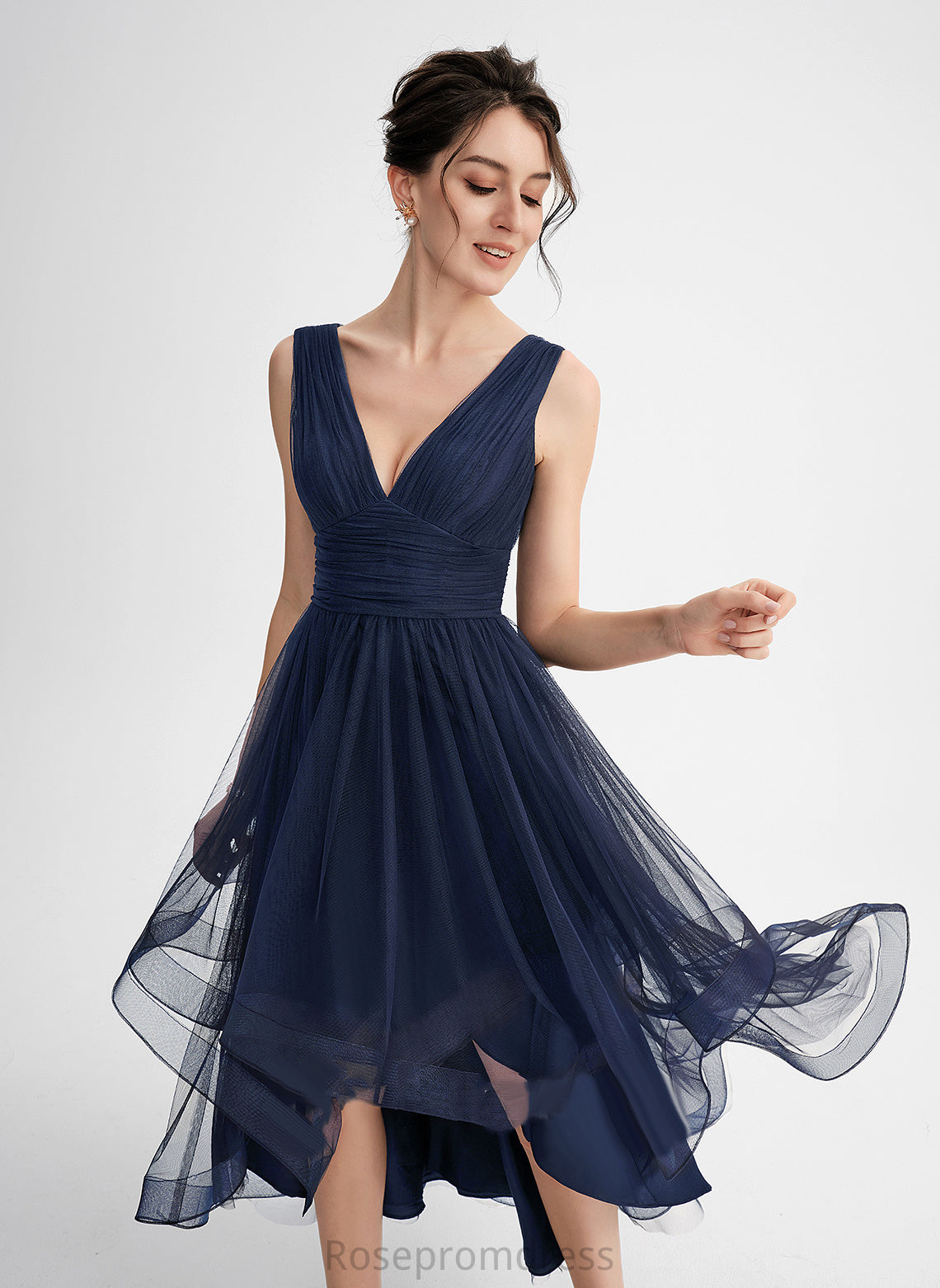 Tulle Pleated V-neck A-Line With Cascading Dress Asymmetrical Cocktail Cocktail Dresses Ruffles Nina