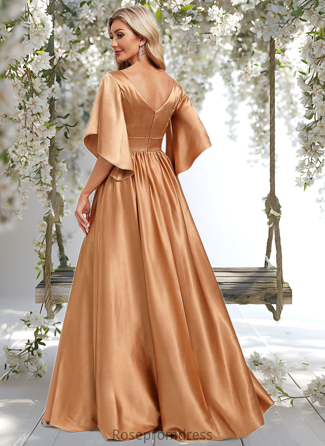 Addyson A-line V-Neck Floor-Length Stretch Satin Bridesmaid Dress DSP0025793