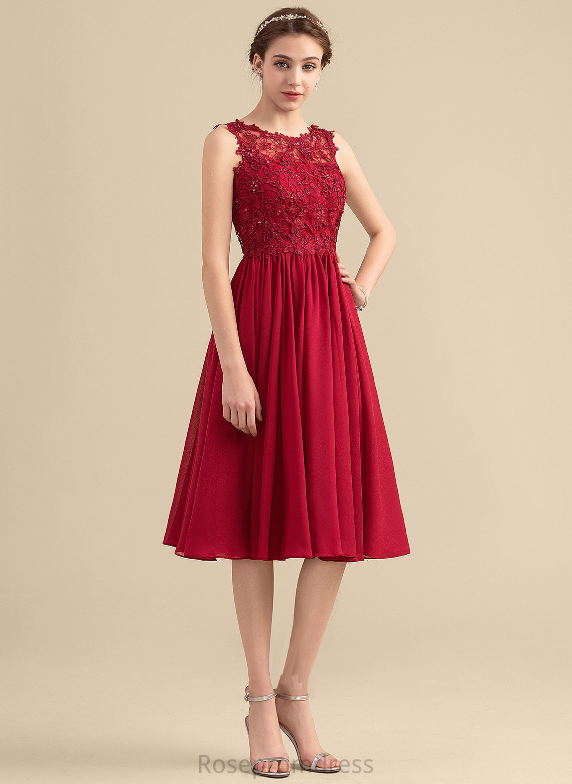 ScoopNeck Knee-Length Silhouette Neckline Embellishment Beading Length Sequins A-Line Fabric Ingrid Natural Waist Bridesmaid Dresses