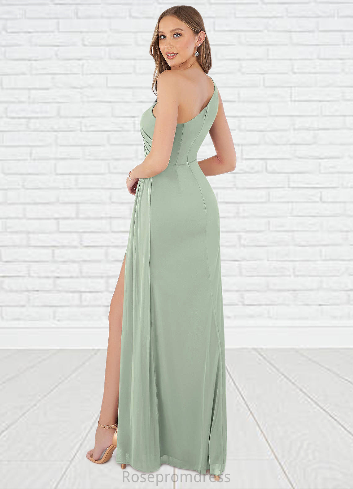 Sherry Sheath One Shoulder Mesh Floor-Length Dress SRSP0019635