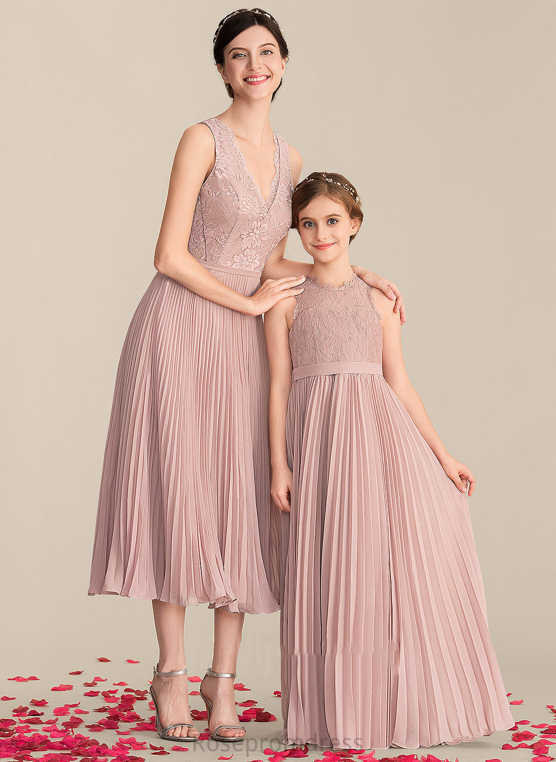 V-neck A-Line Fabric Pleated Neckline Silhouette Tea-Length Embellishment Length Destinee A-Line/Princess Sleeveless Bridesmaid Dresses