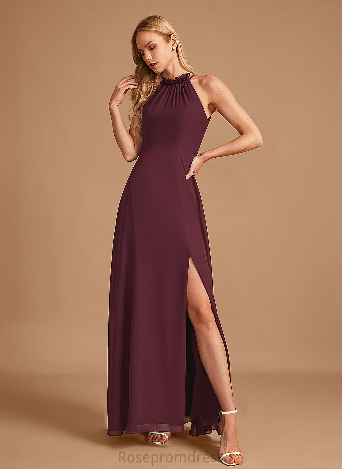 Silhouette Fabric Neckline HighNeck Floor-Length A-line Length Straps&Sleeves Judy Bridesmaid Dresses