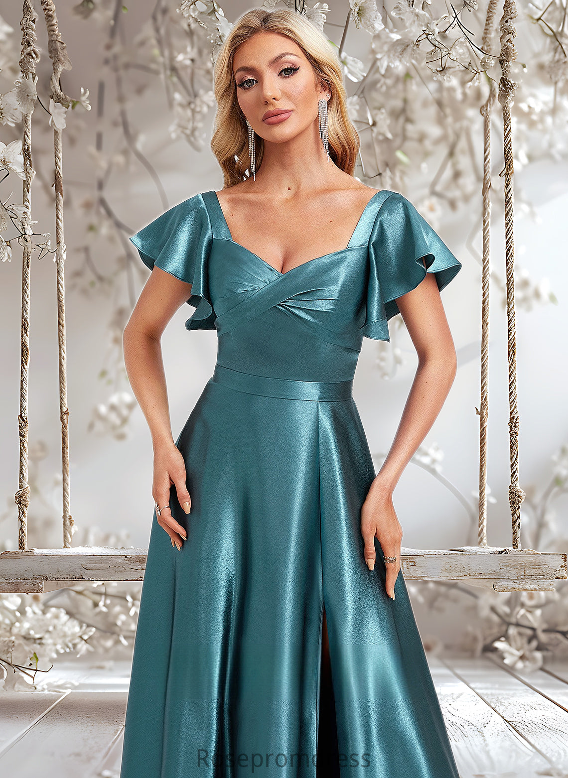 Rosalind A-line V-Neck Floor-Length Stretch Satin Bridesmaid Dress With Ruffle DSP0025780