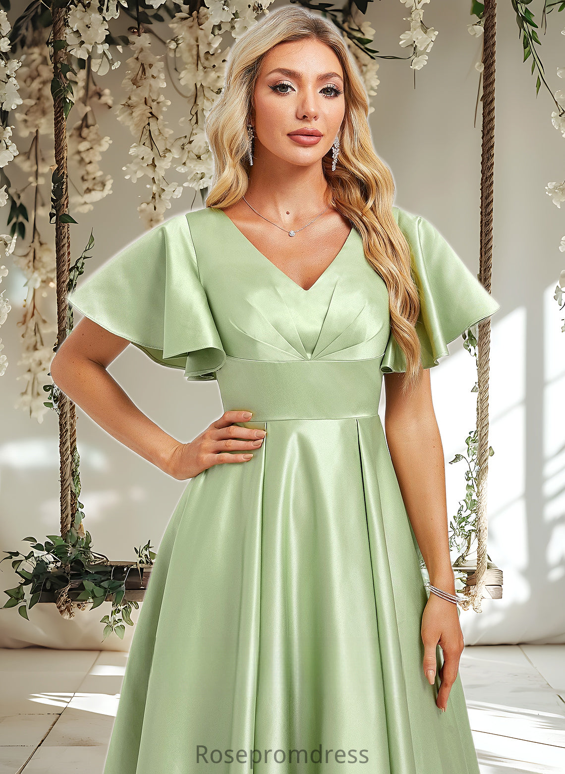 Daisy A-line V-Neck Asymmetrical Satin Bridesmaid Dress With Ruffle DSP0025776