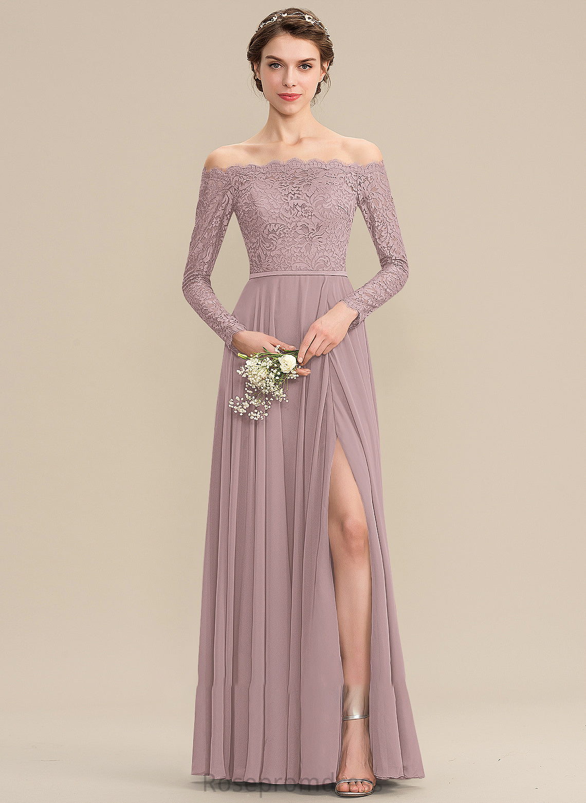 Embellishment Fabric Length Silhouette A-Line SplitFront Neckline Off-the-Shoulder Floor-Length Madisyn A-Line/Princess Natural Waist Bridesmaid Dresses