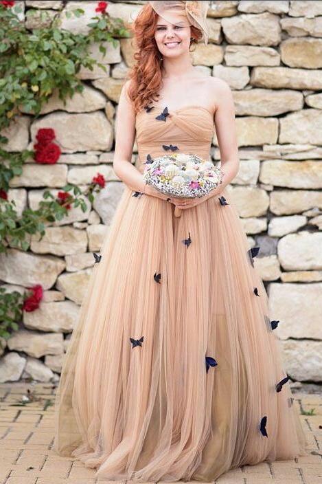 A-Line Strapless Sweetheart Lace up Prom Dress Tulle Sleeveless Ruffles Wedding Dresses RS336