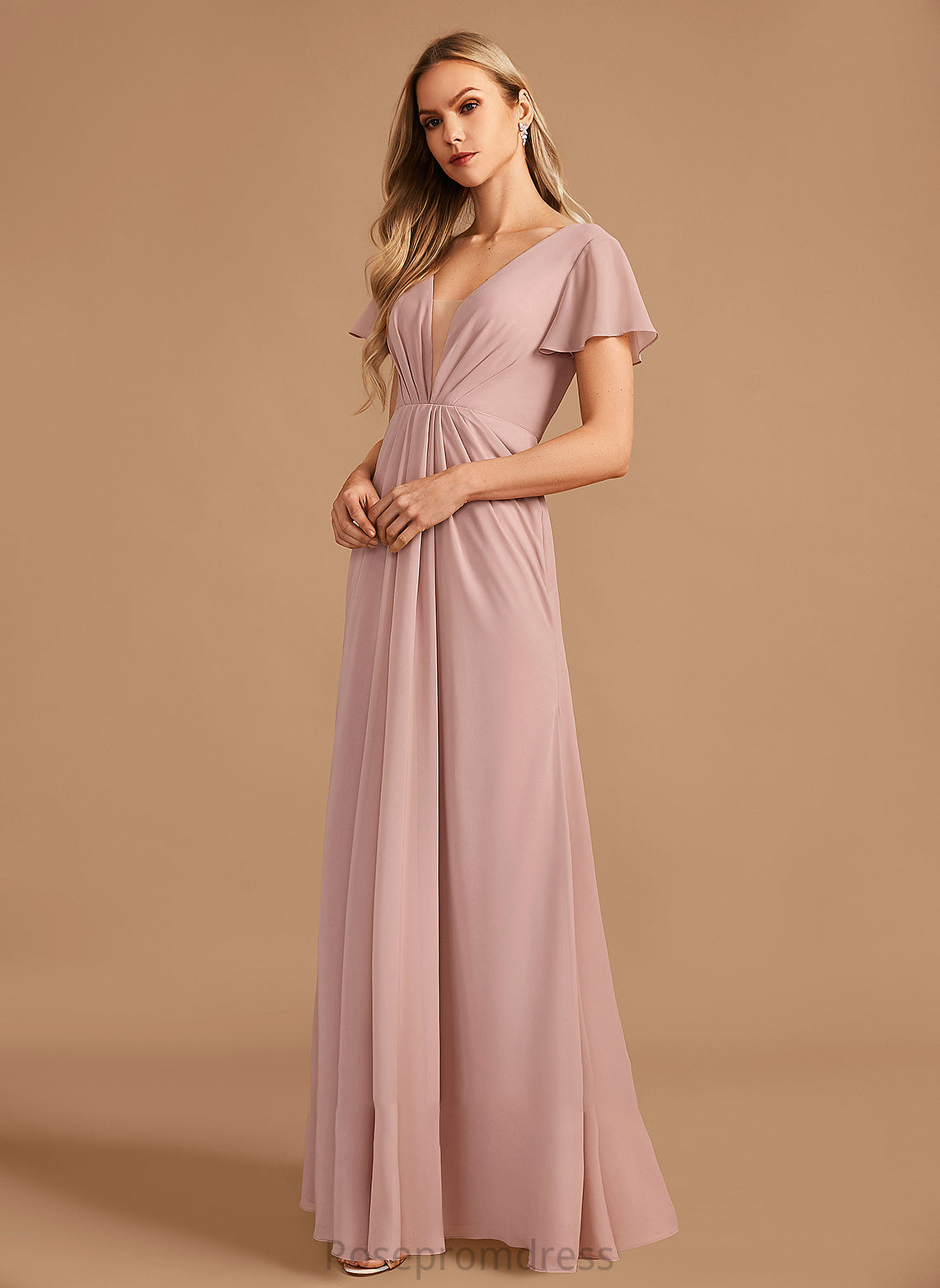 Silhouette Ruffle V-neck Neckline Fabric Embellishment Length A-Line Floor-Length Cameron Natural Waist Sleeveless Bridesmaid Dresses