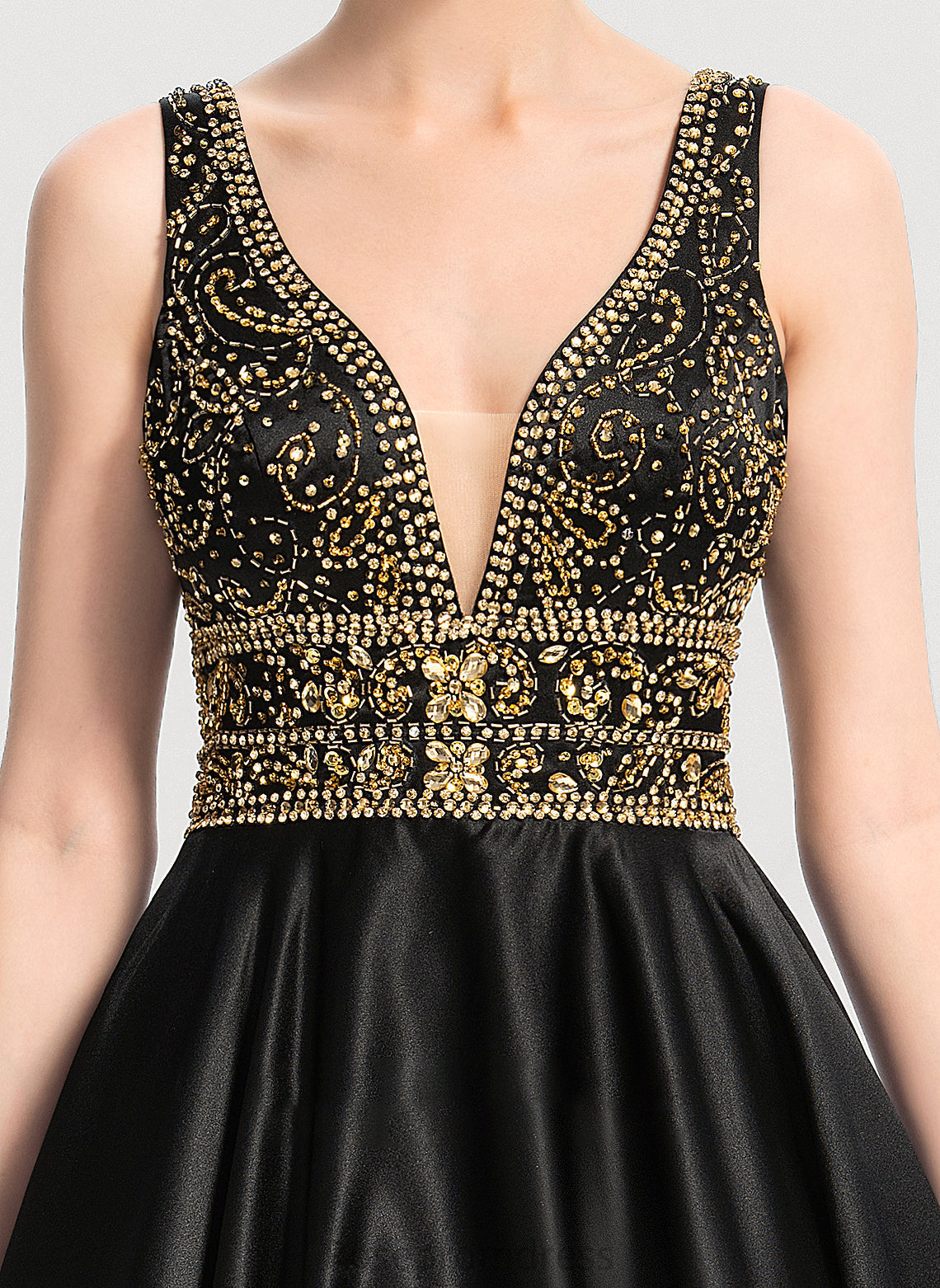 Sequins Satin Floor-Length V-neck With Emelia Prom Dresses Beading Ball-Gown/Princess