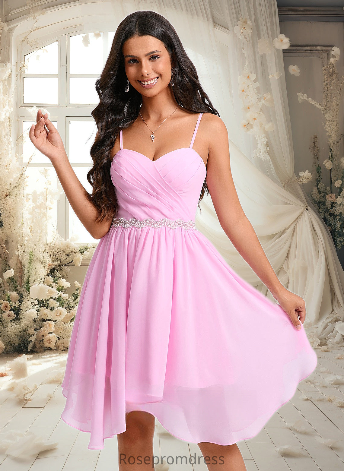Elaine A-line Sweetheart Asymmetrical Chiffon Homecoming Dress With Beading DSP0025690