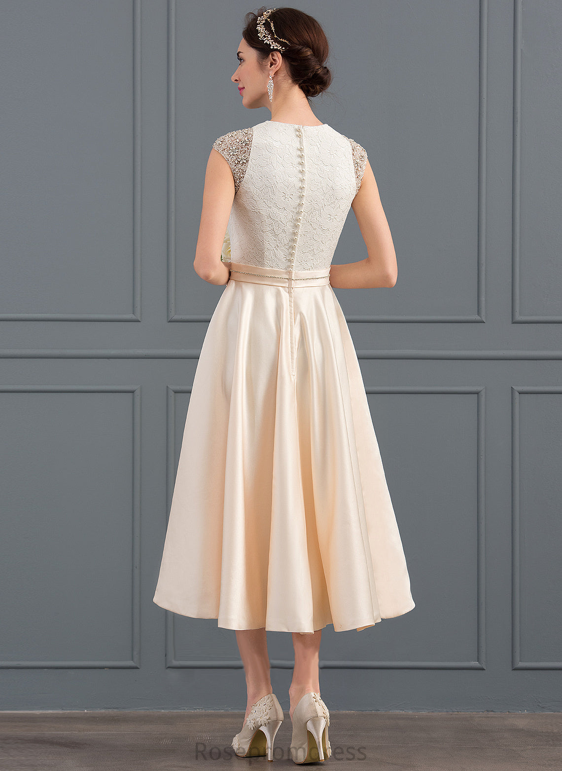 Adelyn Dress Tea-Length Sequins V-neck Wedding With Satin Wedding Dresses A-Line Beading