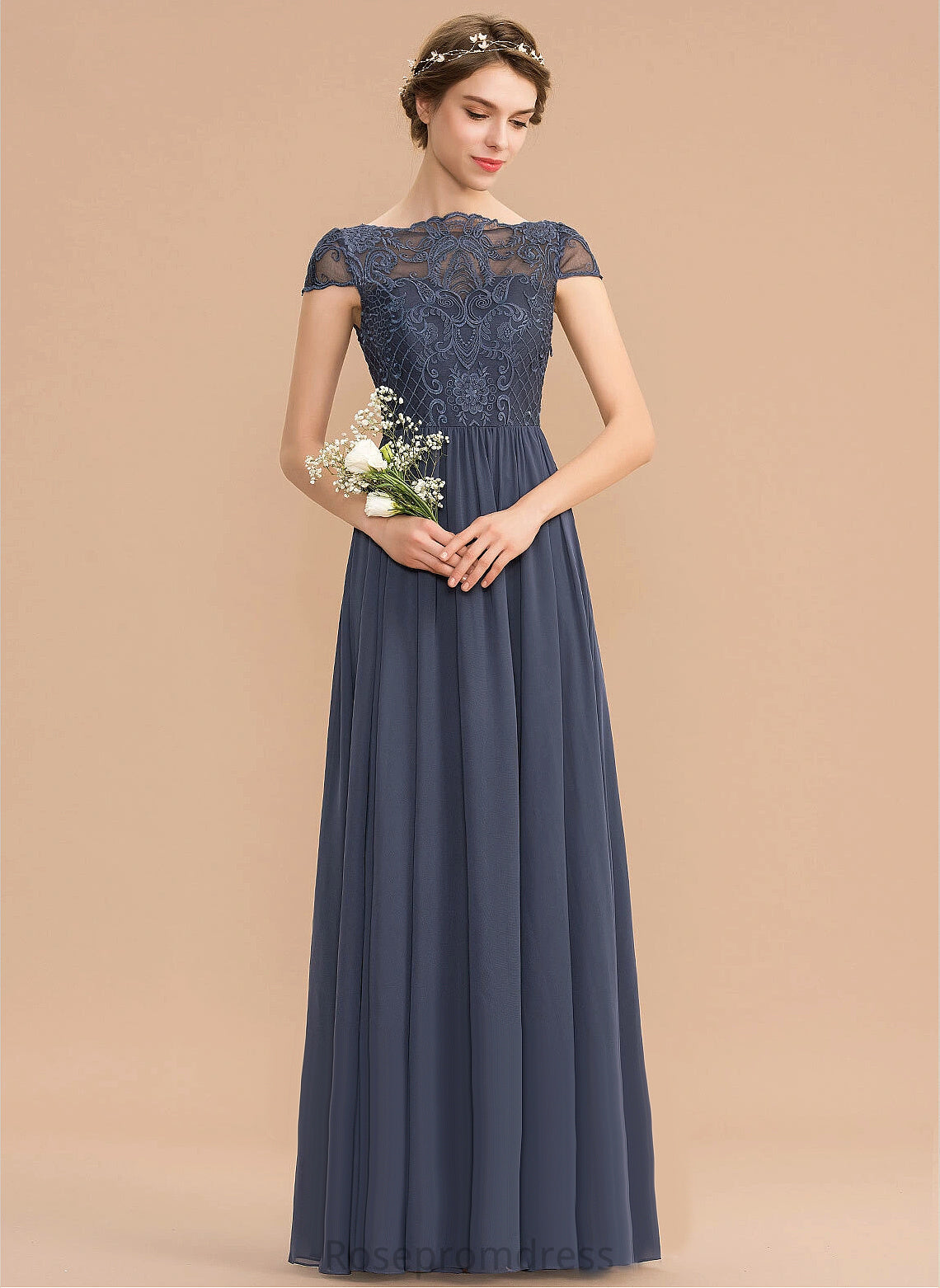 Length Fabric Neckline Silhouette A-line Lace Scoop Straps&Sleeves Floor-Length Allie Natural Waist Short Sleeves Bridesmaid Dresses