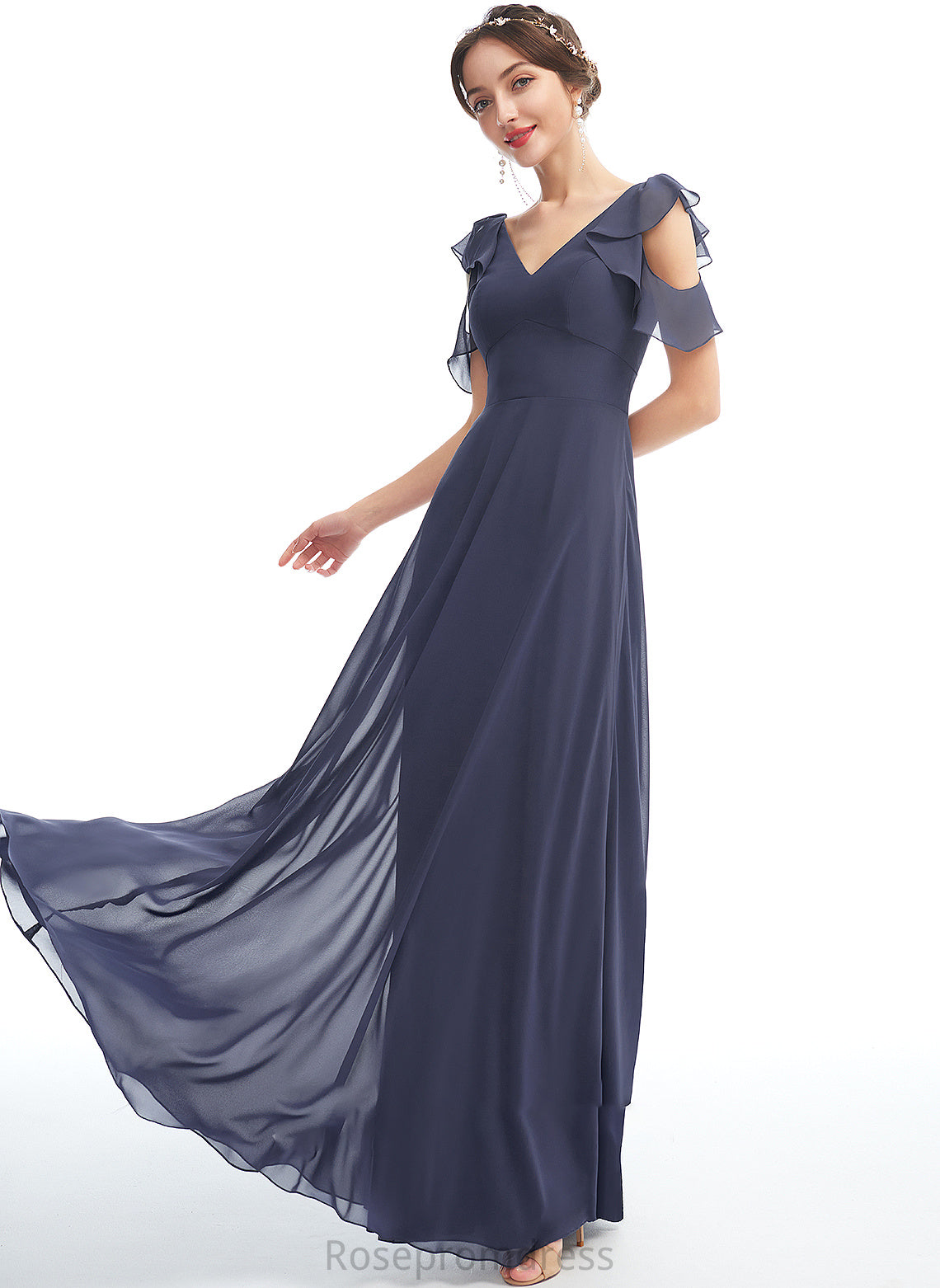 A-Line Fabric Silhouette V-neck Neckline Embellishment Ruffle Floor-Length Length Ariel Bridesmaid Dresses