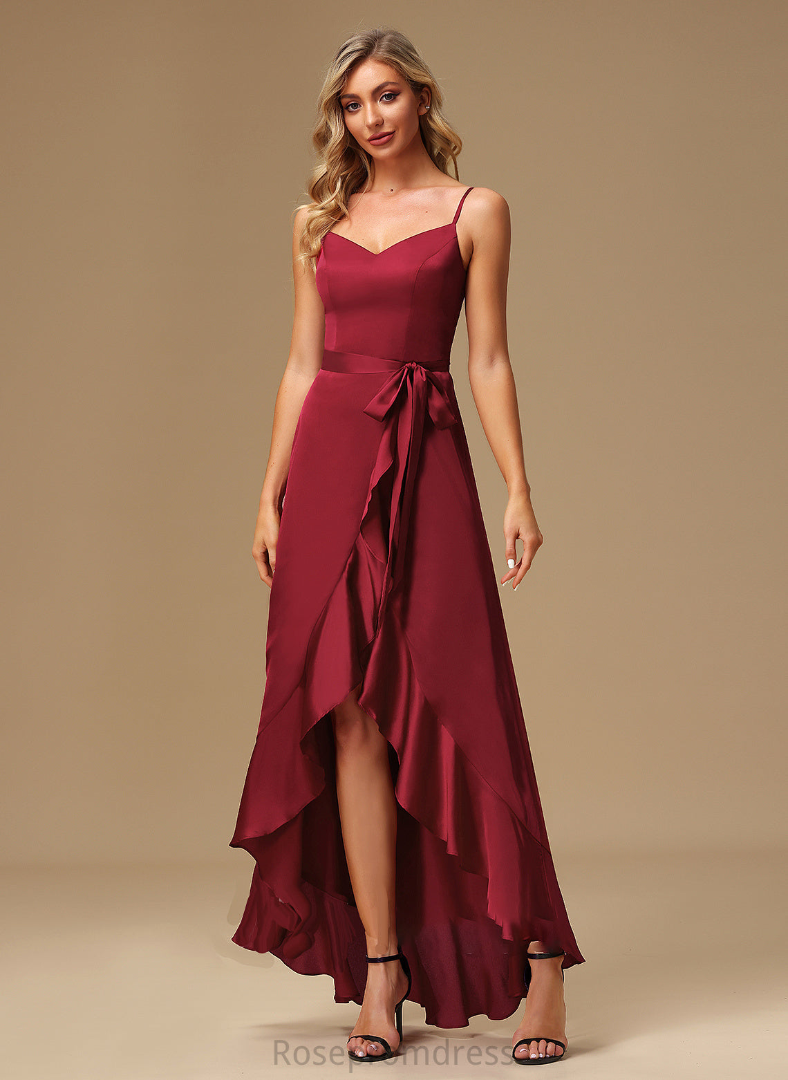 SplitFront A-Line Asymmetrical Neckline V-neck Silhouette Length Embellishment Fabric Kaley Natural Waist Spandex Bridesmaid Dresses