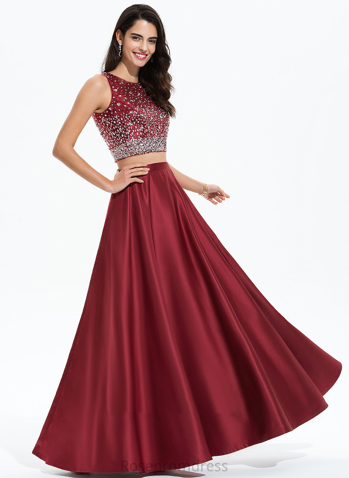 Sequins Sariah Scoop Neck Satin Beading A-Line Floor-Length With Prom Dresses