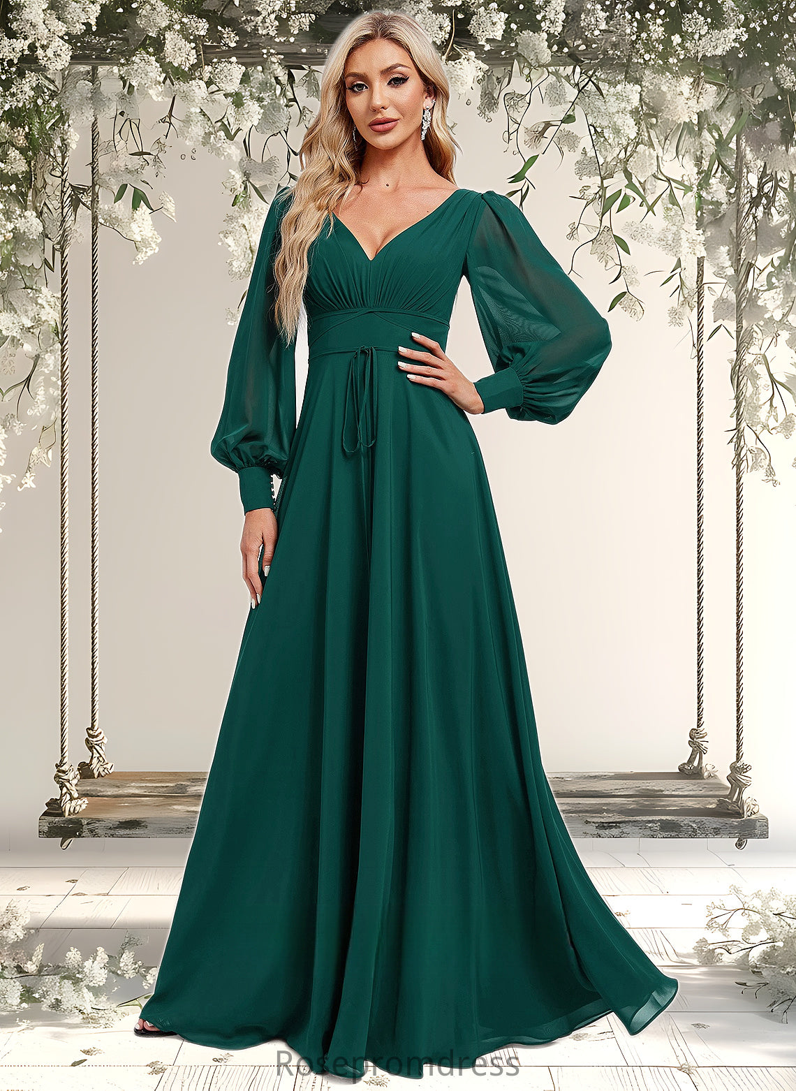 Urania A-line V-Neck Floor-Length Chiffon Bridesmaid Dress DSP0025816