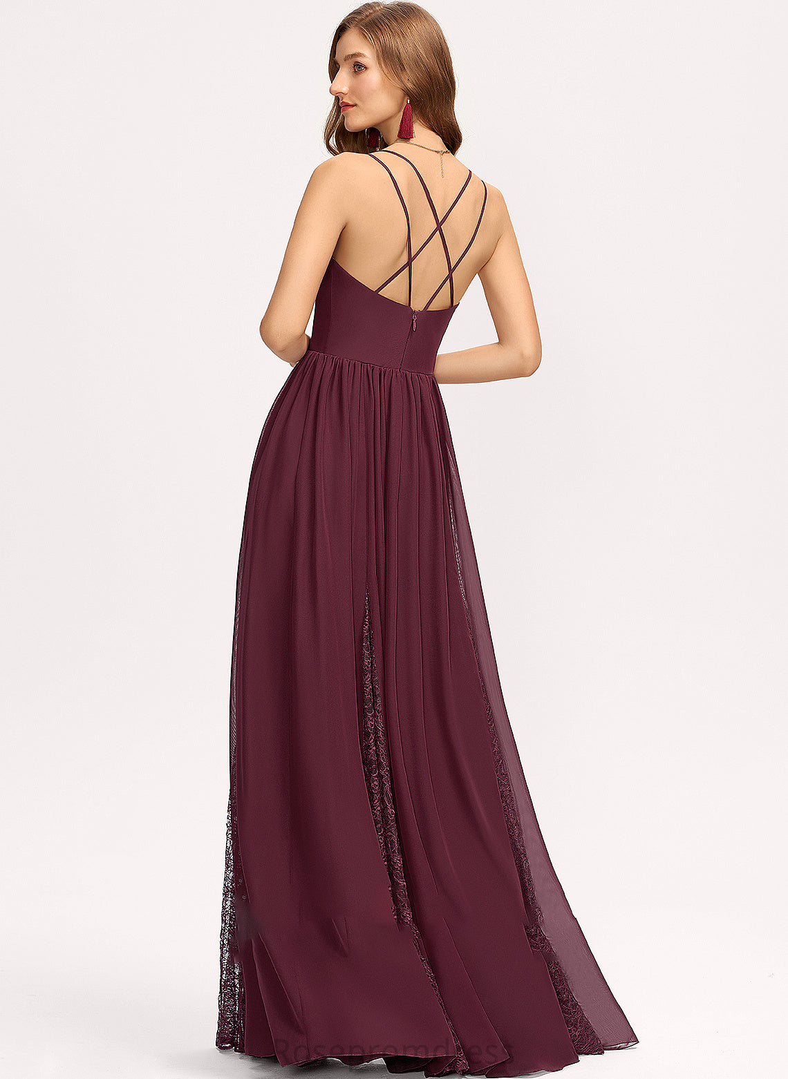 Neckline Straps Length A-Line Fabric Silhouette Lace V-neck Floor-Length Kaelyn Sleeveless Spaghetti Staps Bridesmaid Dresses