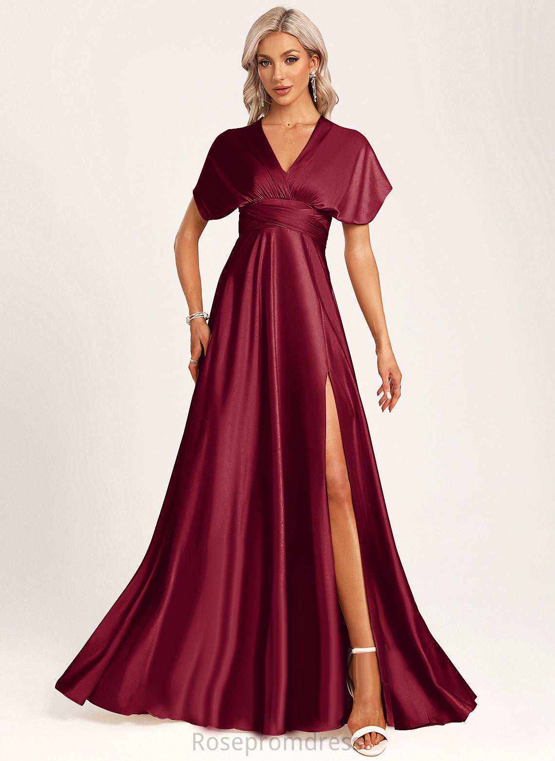 Halter Neckline Satin Fabric Length Floor-Length Silhouette A-Line One-Shoulder Straps&Sleeves V-neck Paisley Bridesmaid Dresses