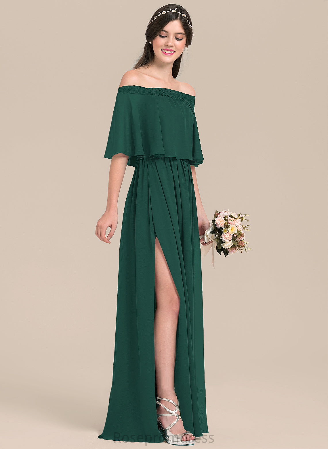 Fabric Silhouette Length Neckline Embellishment Off-the-Shoulder SplitFront A-Line Floor-Length Haley High Low Natural Waist Bridesmaid Dresses