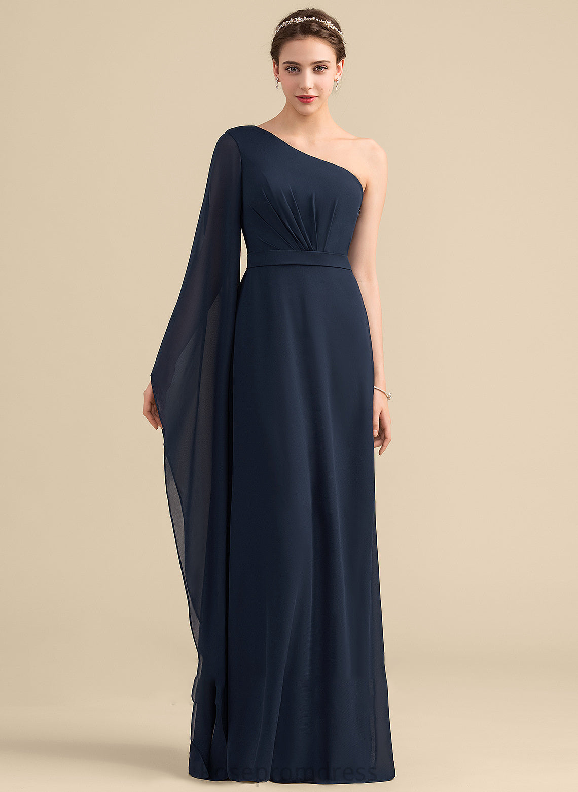 Silhouette Fabric Ruffle Neckline Embellishment Length Floor-Length One-Shoulder A-Line Roselyn Half Sleeves Floor Length Bridesmaid Dresses