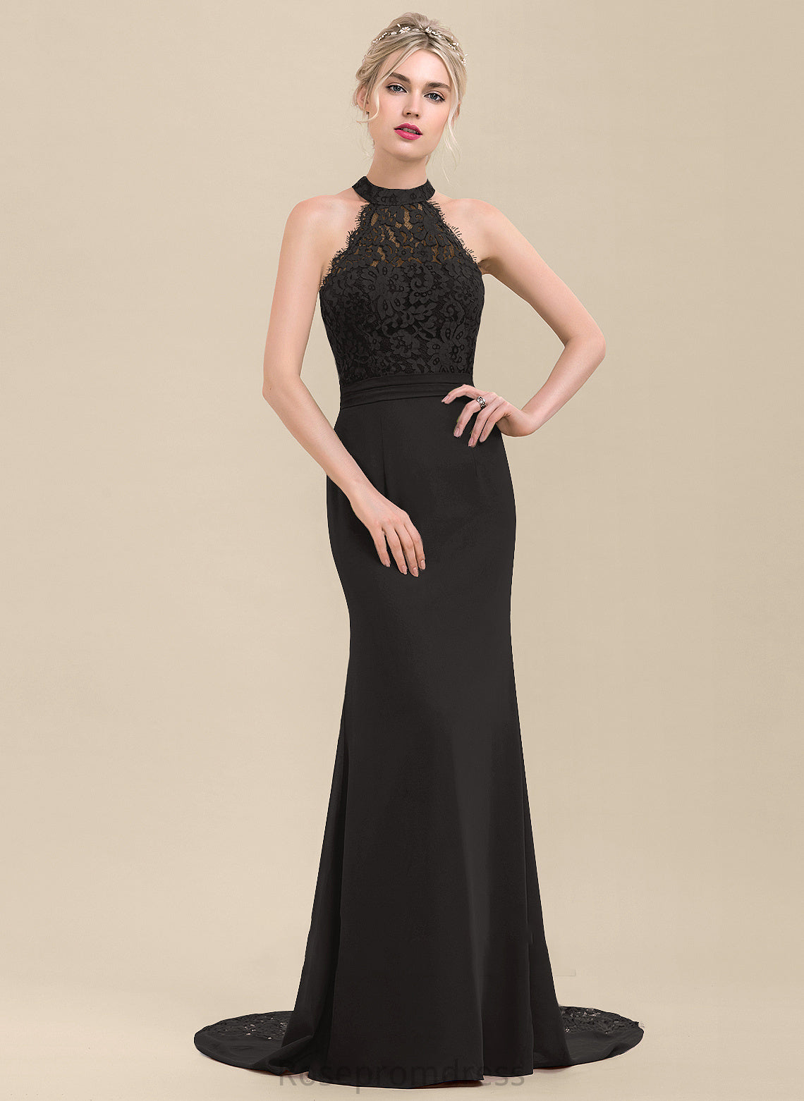 Fabric Trumpet/Mermaid Lace Straps SweepTrain Neckline Silhouette Length HighNeck Dixie Floor Length Natural Waist Bridesmaid Dresses