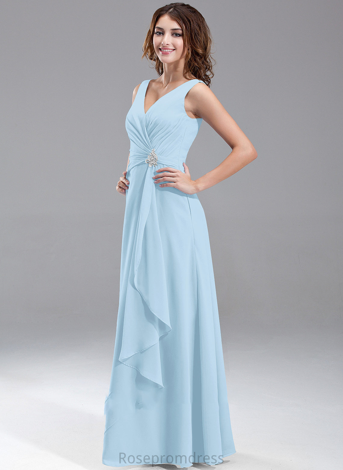 A-Line Embellishment V-neck Floor-Length Fabric Beading Length CascadingRuffles Silhouette Neckline Louisa V-Neck Bridesmaid Dresses