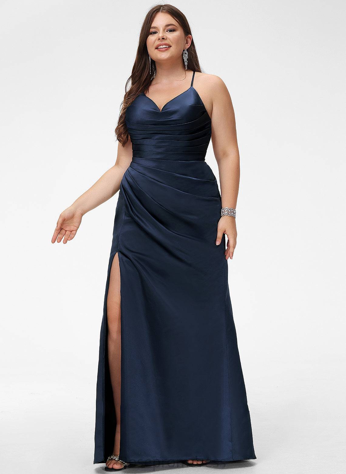 Satin Sheath/Column Floor-Length Prom Dresses Pleated Cristina With V-neck
