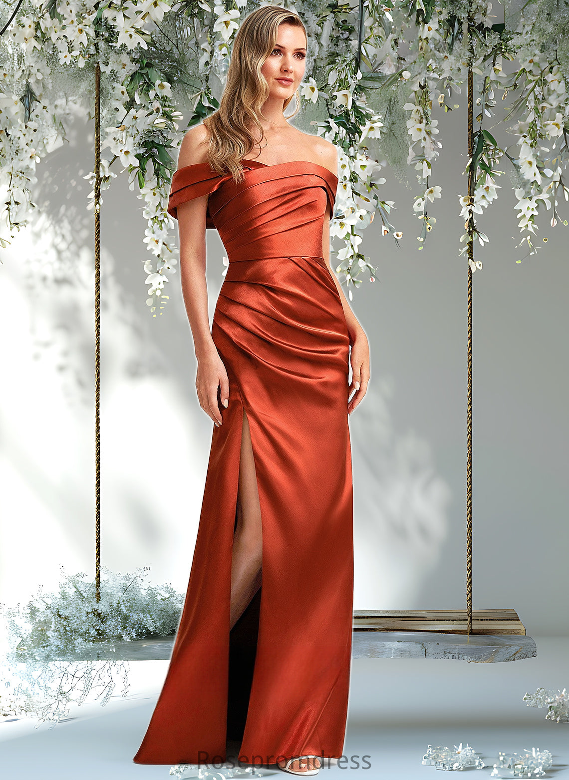 Amelia A-line Off the Shoulder Floor-Length Stretch Satin Bridesmaid Dress DSP0025757