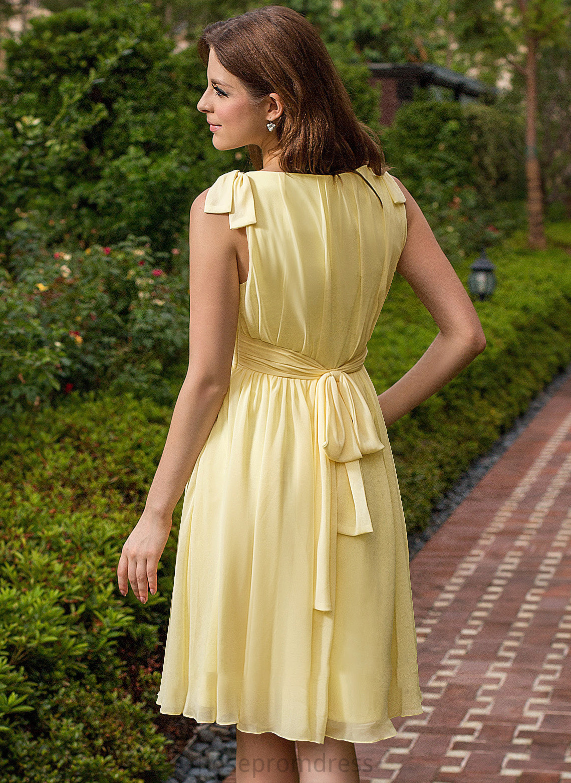 Bow(s) Silhouette Ruffle Knee-Length Fabric Neckline Embellishment A-Line V-neck Length Lana V-Neck Bridesmaid Dresses
