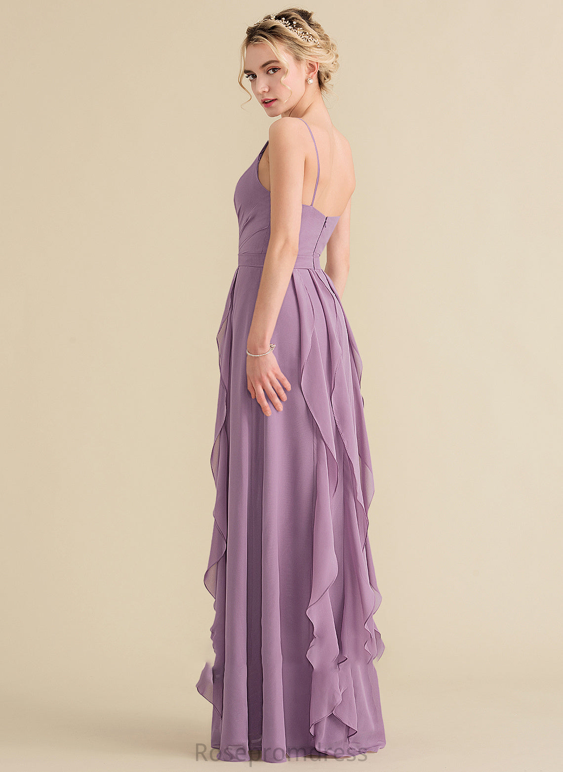 Length Floor-Length Silhouette Neckline V-neck Fabric CascadingRuffles A-Line Embellishment Jean Sleeveless Natural Waist Bridesmaid Dresses