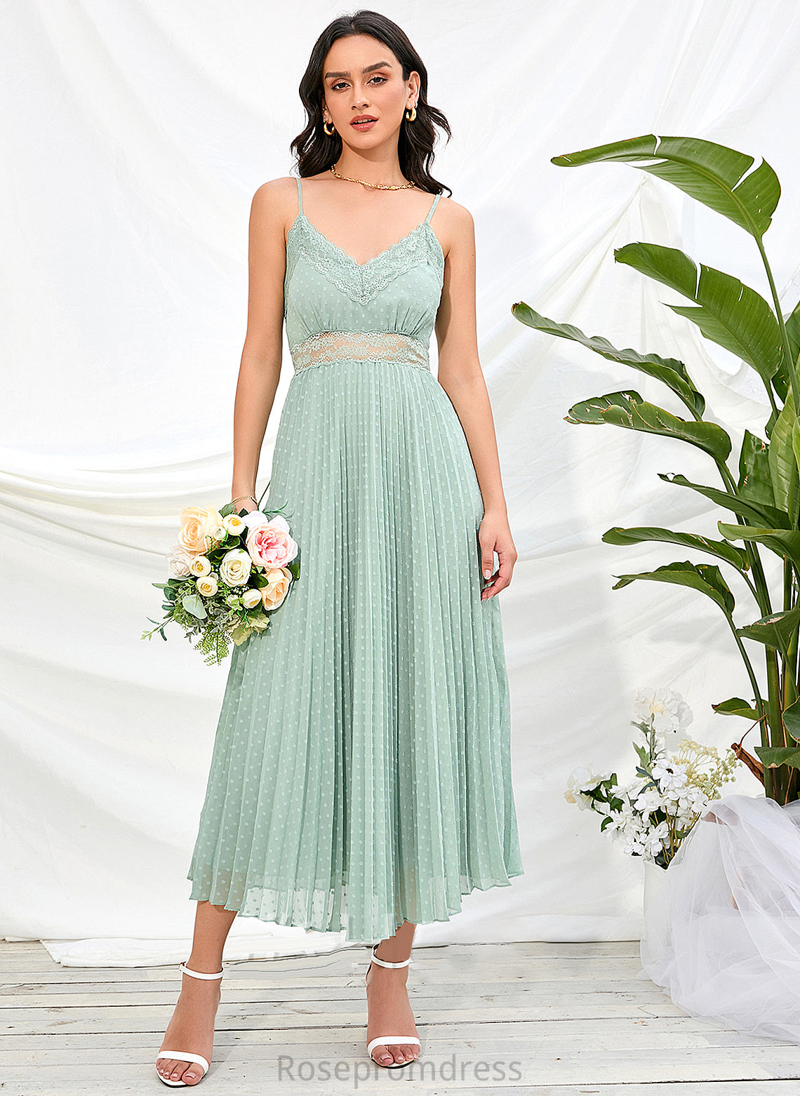 Neckline A-Line V-neck Fabric Silhouette Ankle-Length Straps Length Abbey Spaghetti Staps Natural Waist Floor Length Bridesmaid Dresses