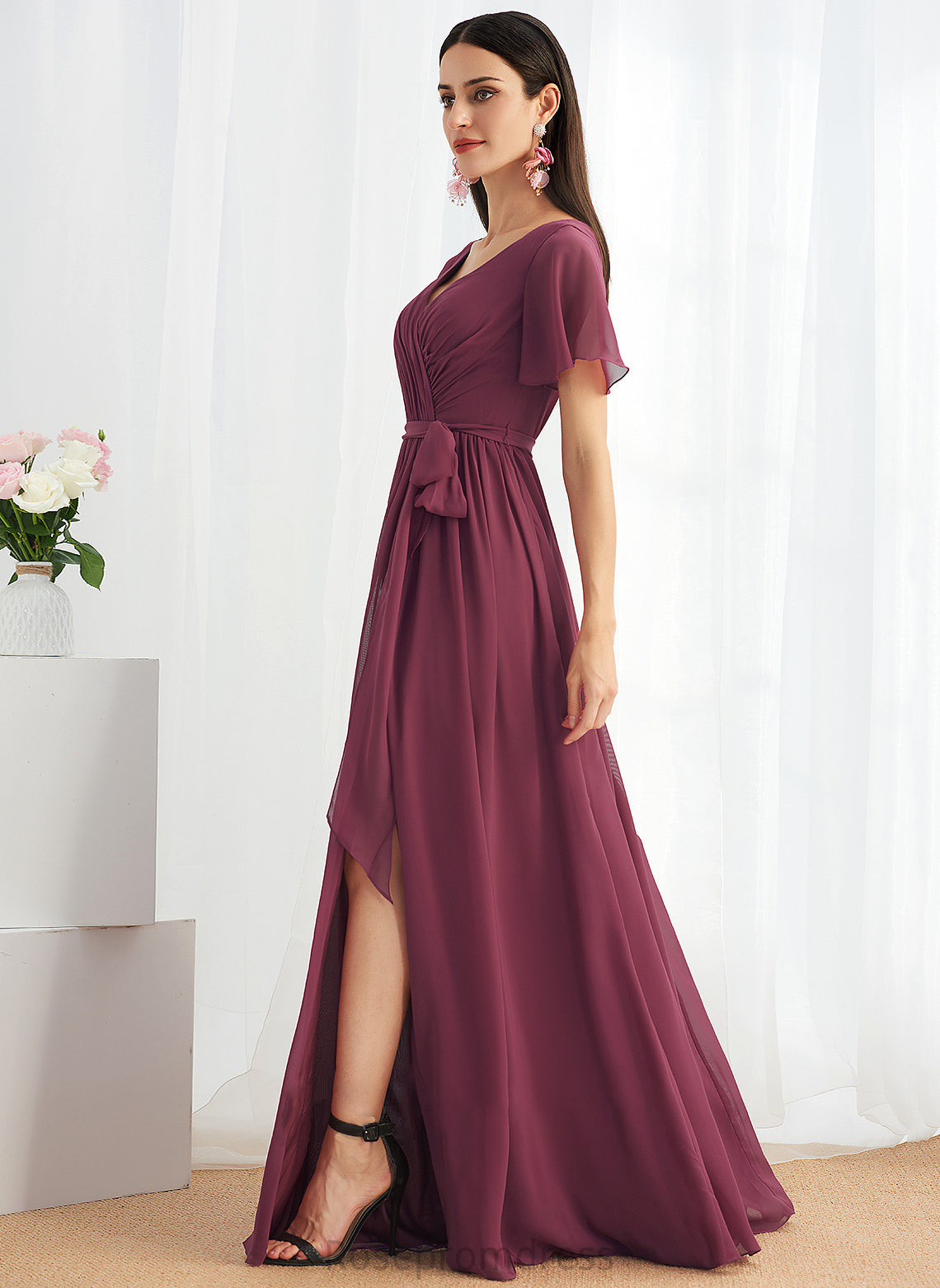 SplitFront Neckline Fabric Floor-Length Length Silhouette V-neck Embellishment A-Line Luna Bridesmaid Dresses