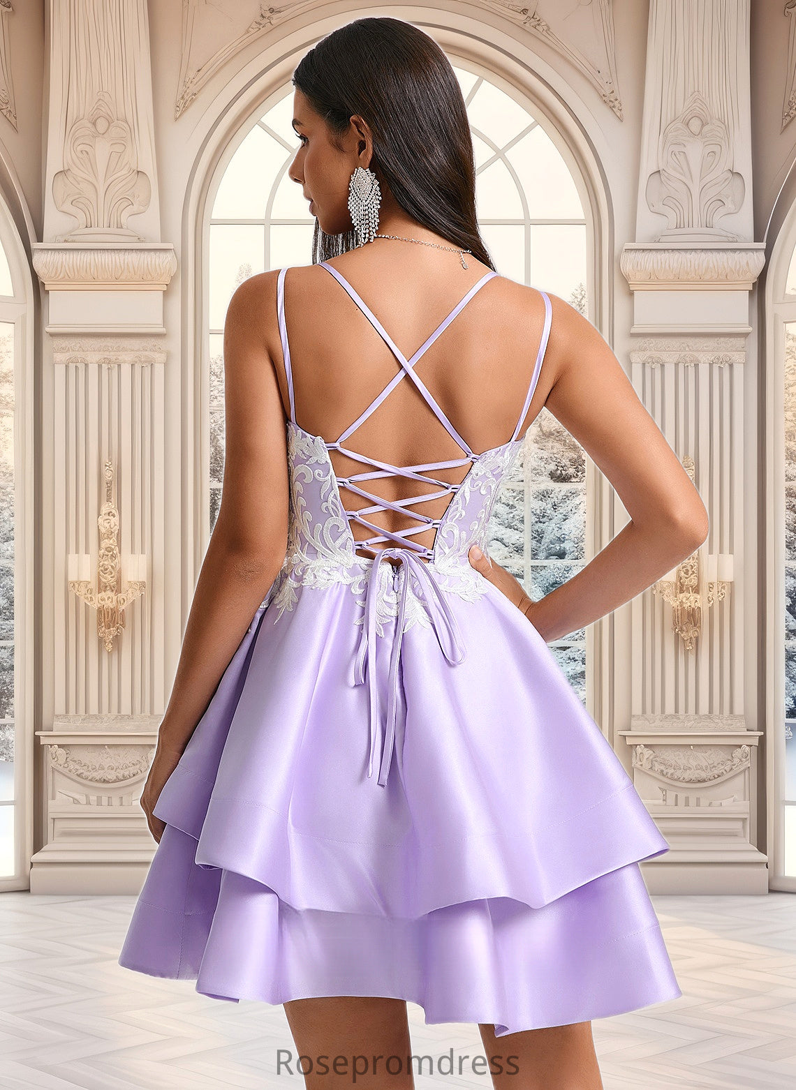 Amaris A-line V-Neck Short Satin Homecoming Dress With Appliques Lace DSP0025696