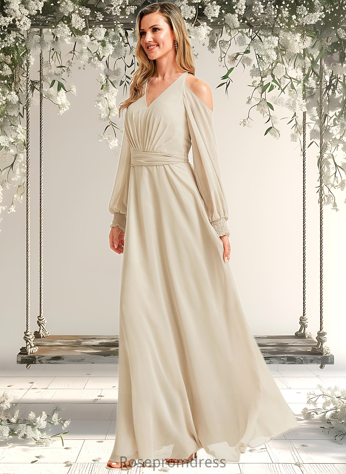 Lesly A-line Cold Shoulder Floor-Length Chiffon Bridesmaid Dress DSP0025760