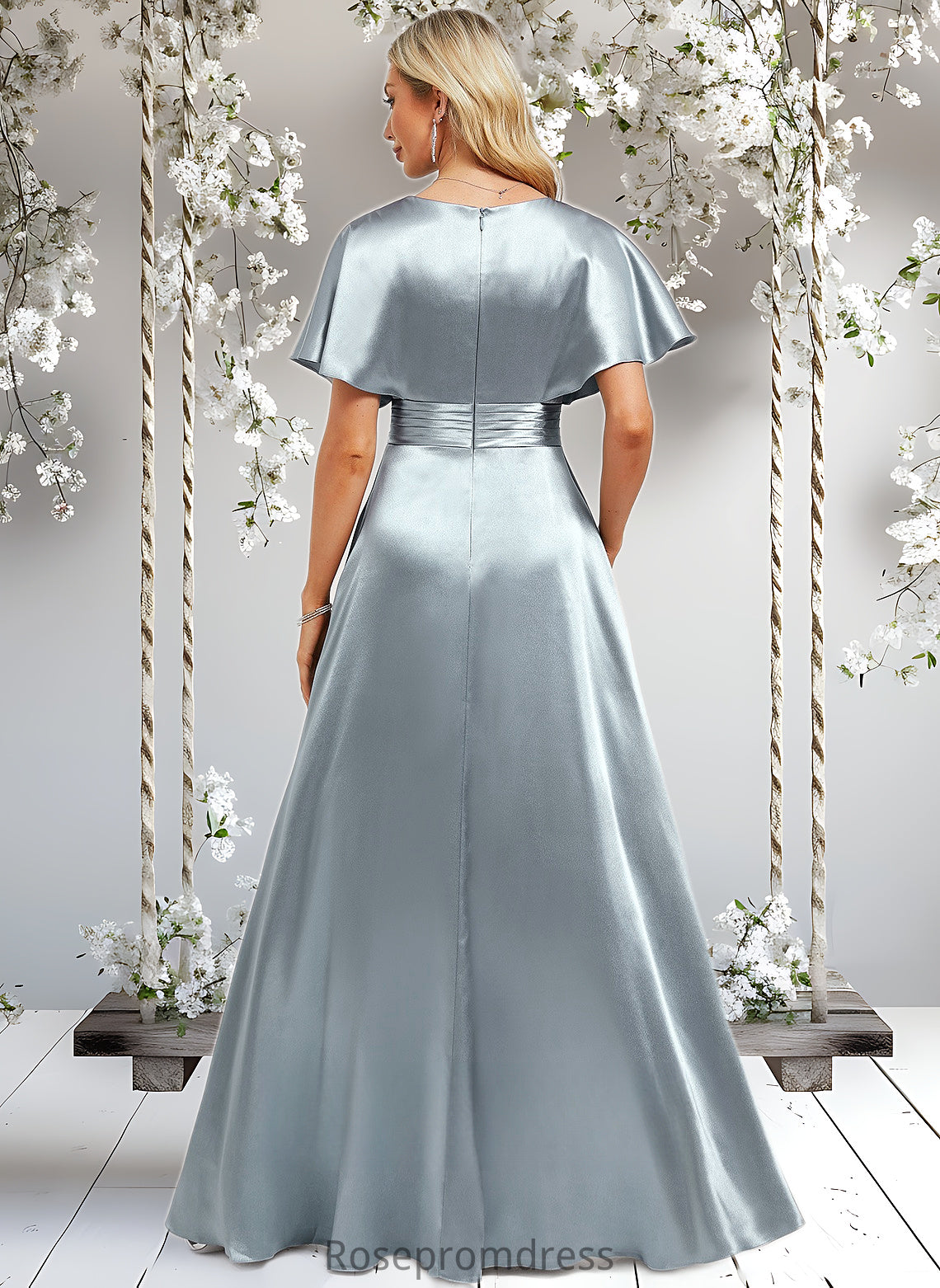 Kinsley A-line V-Neck Floor-Length Stretch Satin Bridesmaid Dress With Ruffle DSP0025767