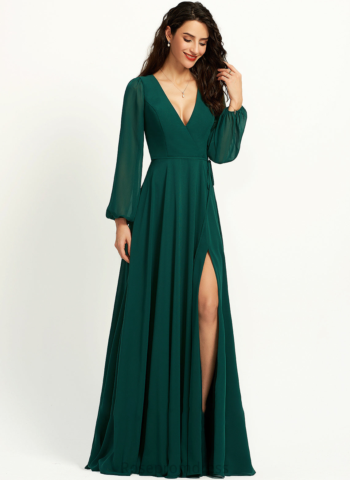 A-Line Floor-Length Fabric SplitFront Neckline Embellishment Silhouette V-neck Length Guadalupe V-Neck A-Line/Princess Bridesmaid Dresses